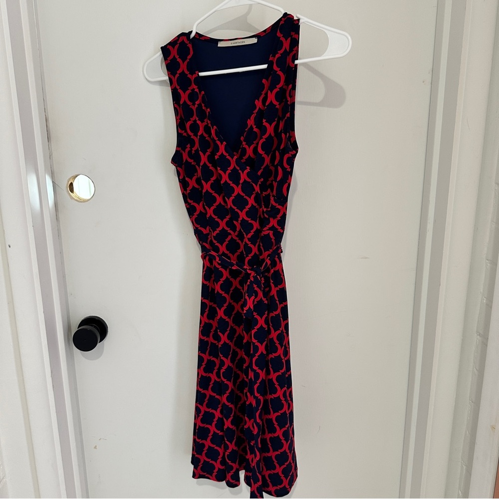 Red and Blue Patterned Sleeveless Wrap Dress